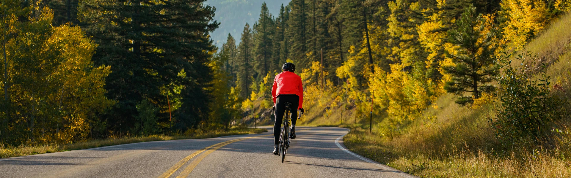 zcyclist riding down road with leaves changing colors